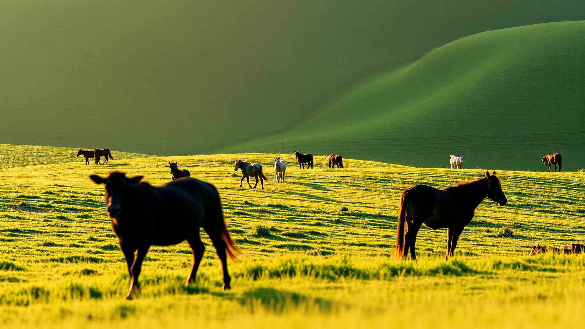 Campo verde com gado e cavalos pastando ao amanhecer
